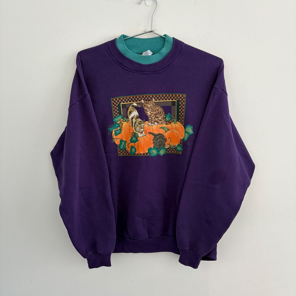 Vintage Gopher Sport Purple Double Collar Cat Pumpkin Halloween Sweatshirt Large